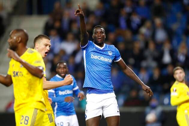 GENK, BELGIUM - SEPTEMBER 30 : Paul Onuachu forward of KRC Genk during the UEFA Europa League Group stage H match between KRC Genk and Dinamo Zagreb on September 30, 2021 in Genk, Belgium, 30 09 2021 ( KRC Genk v Dinamo Zagreb - UEFA Europa League PhotoNews Panoramic 
