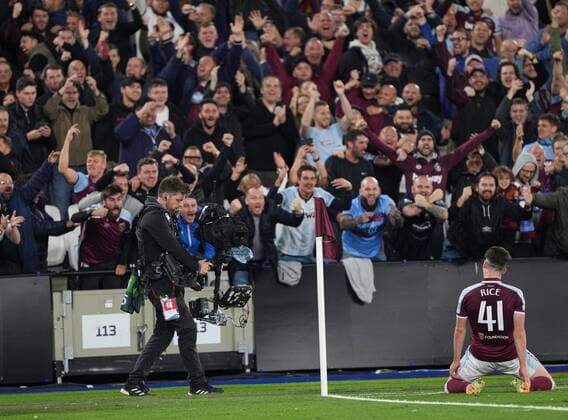 Mandatory Credit: Photo by Jed Leicester Shutterstock (12516241o) Declan Rice of West Ham celebrates scoring the 1st goal West Ham United v Rapid Vienna, UEFA Europa League, Group H, Football, The London Stadium, London, UK - 30 Sep 2021 EDITORIAL USE ONLY No use with unauthorised audio, video, data, fixture lists, club league logos or live services. Online in-match use limited to 120 images, no video emulation. No use in betting, games or single club league player publications. West Ham United v Rapid Vienna, UEFA Europa League, Group H, Football, The London Stadium, London, UK - 30 Sep 2021 EDITORIAL USE ONLY No use with unauthorised audio, video, data, fixture lists, club league logos or live services. Online in-match use limited to 120 images, no video emulation. No use in betting, games or single club league player publications. Copyright: xJedxLeicester Shutterstockx 12516241o