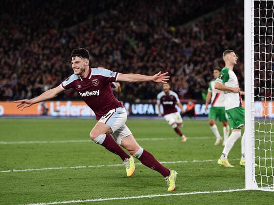 Football - 2021 2022 UEFA Europa League - Group H - Round Two - West Ham United vs Rapid Vienna - London Stadium - Thursday 30th September West Ham United s Declan Rice celebrates scoring the opening goal. COLORSPORT Ashley Western 
