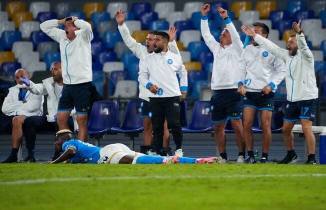 6663115 30.09.2021 Napoli s Victor Osimhen, at the foreground, lies on the pitch during the Europa League soccer match between Napoli and Spartak Moscow, at Diego Armando Maradona stadium, in Naples, Italy. Alexander Vilf Sputnik Italy Soccer Europa League Napoli - Spartak  df6261e57877cd42