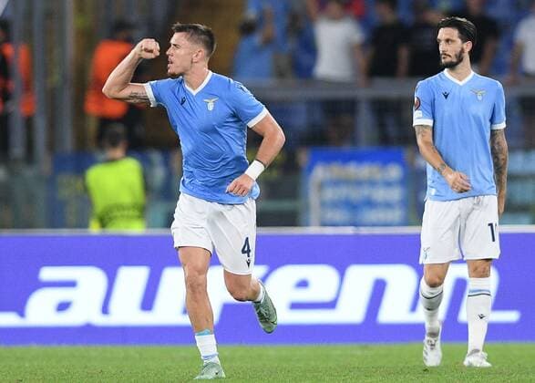 6663207 30.09.2021 Lazio s Patric celebrates a team s goal during the Europa League soccer match between Lazio Rome and Lokomotiv Moscow, at Diego Armando Maradona stadium, in Rome, Italy. Giuseppe Maffia Sputnik Italy Soccer Europa League Lazio - Lokomotiv  f65e350e469972cc