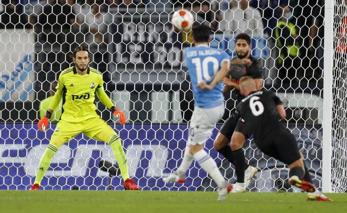 ROME, ITALY - SEPTEMBER 30, 2021: Lokomotiv s goalkeeper Guilherme (L) concedes a goal in the 2021 22 UEFA Europa League Group E Round 2 match between Lazio Rome and Lokomotiv Moscow at Stadio Olimpico. Mikhail Japaridze TASS  TS1128F1