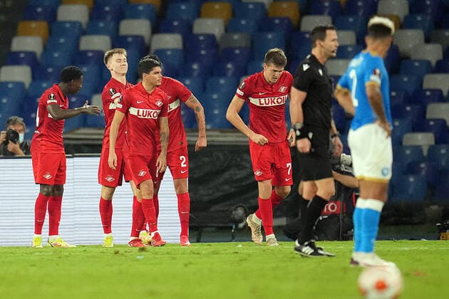 NAPLES, ITALY SEPTEMBER 30: Players of FC Spartak Moscow celebrates during the Europa League match between SSC Napoli and FC Spartak Moscow at Stadio Diego Armando Maradona on September 30, 2021 in Naples, Italy Copyright: xFotoagenziax