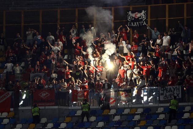 NAPLES, ITALY SEPTEMBER 30: Supporters of FC Spartak Moscow celebrates at the end of the Europa League match between SSC Napoli and FC Spartak Moscow at Stadio Diego Armando Maradona on September 30, 2021 in Naples, Italy Copyright: xFotoagenziax