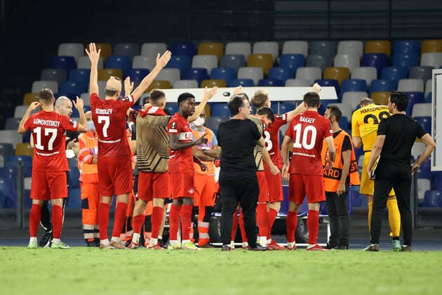 NAPLES, ITALY – SEPTEMBER 30: Players of FC Spartak Moscow celebrates at the end of the Europa League match between SSC Napoli and FC Spartak Moscow at Stadio Diego Armando Maradona on September 30, 2021 in Naples, Italy Copyright: xFotoagenziax