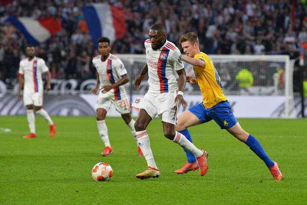 Karl Toko Ekembi (lyon) vs Mathias Greve (brondly) FOOTBALL : Olympique Lyonnais vs Brondby IF - Ligue Europa - 30 09 2021 FredericChambert Panoramic 