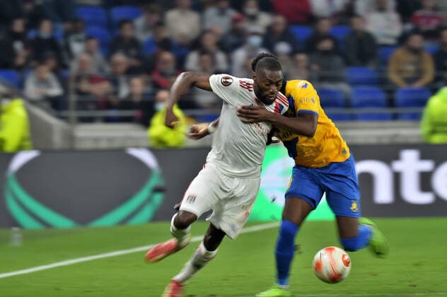Karl Yoko Ekambi (lyon) vs Kevin Tshiembe (brondby) FOOTBALL : Olympique Lyonnais vs Brondby IF - Ligue Europa - 30 09 2021 FredericChambert Panoramic 