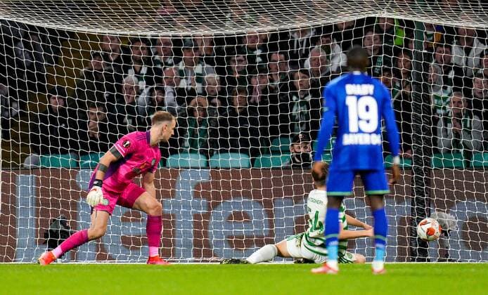 Mandatory Credit: Photo by Stuart Wallace Shutterstock (12516265bd) Bayer Leverkusen score to take a 0-1 lead after the ball appeared to hit off Adam Montgomery of Celtic as he tried to stop it crossing the goal line. Celtic v Bayer Leverkusen, UEFA Europa League, Group G, Football, Celtic Park, Glasgow, UK - 30 Sep 2021 EDITORIAL USE ONLY No use with unauthorised audio, video, data, fixture lists, club league logos or live services. Online in-match use limited to 120 images, no video emulation. No use in betting, games or single club league player publications. Celtic v Bayer Leverkusen, UEFA Europa League, Group G, Football, Celtic Park, Glasgow, UK - 30 Sep 2021 EDITORIAL USE ONLY No use with unauthorised audio, video, data, fixture lists, club league logos or live services. Online in-match use limited to 120 images, no video emulation. No use in betting, games or single club league player publications. Copyright: xStuartxWallace Shutterstockx 12516265bd