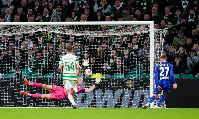 Mandatory Credit: Photo by Stuart Wallace Shutterstock (12516265bh) Florian Wirtz of Bayer 04 Leverkusen scores to give Leverkusen a 0-2 lead. Celtic v Bayer Leverkusen, UEFA Europa League, Group G, Football, Celtic Park, Glasgow, UK - 30 Sep 2021 EDITORIAL USE ONLY No use with unauthorised audio, video, data, fixture lists, club league logos or live services. Online in-match use limited to 120 images, no video emulation. No use in betting, games or single club league player publications. Celtic v Bayer Leverkusen, UEFA Europa League, Group G, Football, Celtic Park, Glasgow, UK - 30 Sep 2021 EDITORIAL USE ONLY No use with unauthorised audio, video, data, fixture lists, club league logos or live services. Online in-match use limited to 120 images, no video emulation. No use in betting, games or single club league player publications. Copyright: xStuartxWallace Shutterstockx 12516265bh