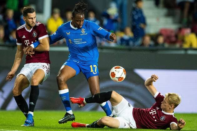 Mandatory Credit: Photo by Kirk O Rourke Rangers FC Shutterstock (12516385fc) Joe Aribo of Rangers is pulled by David Hancko of Sparta Prague during the Europa League match at the Generali Ceská Pojistovna Arena, Prague. Sparta Prague v Rangers, UEFA Europa League Group A, Football, Generali Arena, Prague, Czech Republic - 30 Sep 2021 Sparta Prague v Rangers, UEFA Europa League Group A, Football, Generali Arena, Prague, Czech Republic - 30 Sep 2021 Copyright: xKirkxO Rourke RangersxFC Shutterstockx 12516385fc