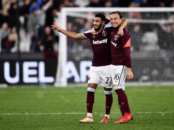 Football - 2021 2022 UEFA Europa League - Group H - Round Two - West Ham United vs Rapid Vienna - London Stadium - Thursday 30th September West Ham United s Said Benrahma with Mark Noble at the final whistle. COLORSPORT Ashley Western 