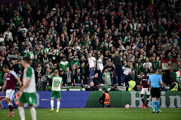 Football - 2021 2022 UEFA Europa League - Group H - Round Two - West Ham United vs Rapid Vienna - London Stadium - Thursday 30th September Rapid Vienna fans. COLORSPORT Ashley Western 