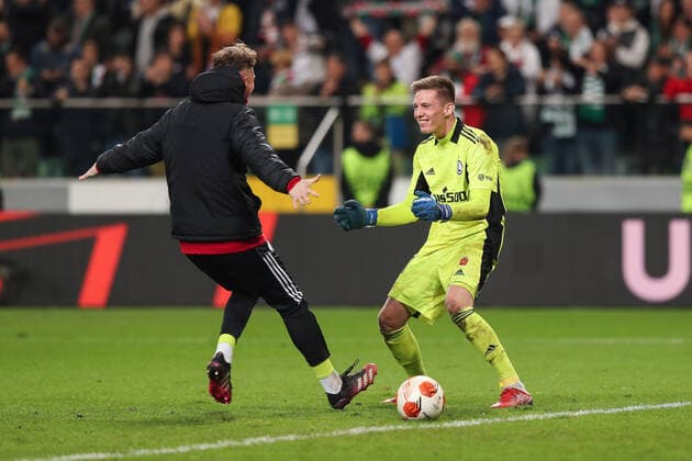 (211001) -- WARSAW, Oct. 1, 2021 -- Goalkeeper Cezary Miszta (R) of Legia celebrates victory after winning the Europa League Group C football match between Legia Warsaw and Leicester City in Warsaw, Poland, Sept. 30, 2021. ) (SP)POLAND-WARSAW-FOOTBALL-EUROPA LEAGUE-LEGIA WARSAW-LEICESTER CITY AdamxStarszynski 