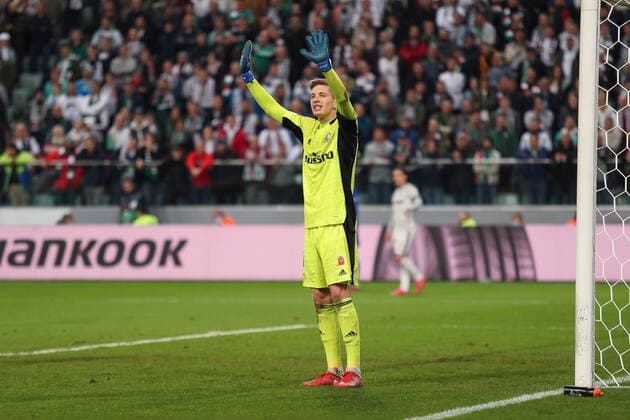 (211001) -- WARSAW, Oct. 1, 2021 -- Goalkeeper Cezary Miszta of Legia reacts during the Europa League Group C football match between Legia Warsaw and Leicester City in Warsaw, Poland, Sept. 30, 2021. ) (SP)POLAND-WARSAW-FOOTBALL-EUROPA LEAGUE-LEGIA WARSAW-LEICESTER CITY AdamxStarszynski 