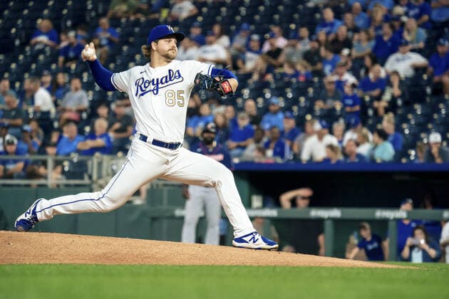 Kansas City Royals starting pitcher Jon Heasley (85) pitches against the Minnesota Twins in the first inning at Kaufman Stadium in Kansas City, Missouri on Friday, October 1, 2021.  KCP20211001105 KYLExRIVAS