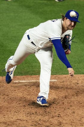 Kansas City Royals starting pitcher Jon Heasley (85) pitches against the Minnesota Twins in the first inning at Kaufman Stadium in Kansas City, Missouri on Friday, October 1, 2021.  KCP20211001112 KYLExRIVAS