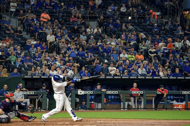 Kansas City Royals catcher Salvador Perez (13) pops a Minnesota Twins up for the second out of the third inning at Kaufman Stadium in Kansas City, Missouri on Friday, October 1, 2021.  KCP20211001113 KYLExRIVAS