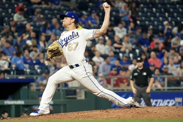 Kansas City Royals relief pitcher Gabe Speier (67) pitches against the Minnesota Twins in the sixth inning at Kaufman Stadium in Kansas City, Missouri on Friday, October 1, 2021.  KCP20211001120 KYLExRIVAS