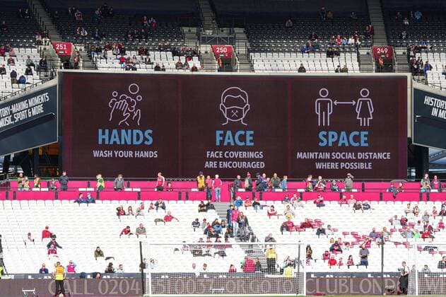 Mandatory Credit: Photo by Javier Garcia Shutterstock (12519813y) General view of the scoreboard with Covid 19 advice displayed West Ham United v Brentford, Premier League, Football, The London Stadium, London, UK - 03 Oct 2021 EDITORIAL USE ONLY No use with unauthorised audio, video, data, fixture lists, club league logos or live services. Online in-match use limited to 120 images, no video emulation. No use in betting, games or single club league player publications. West Ham United v Brentford, Premier League, Football, The London Stadium, London, UK - 03 Oct 2021 EDITORIAL USE ONLY No use with unauthorised audio, video, data, fixture lists, club league logos or live services. Online in-match use limited to 120 images, no video emulation. No use in betting, games or single club league player publications. Copyright: xJavierxGarcia Shutterstockx 12519813y