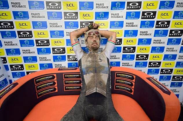ROUBAIX, FRANCE - OCTOBER 03 : COLBRELLI Sonny (ITA) of BAHRAIN VICTORIOUS pictured during the UCI World Tour 118th Paris Roubaix cycling race with start in Compiegne and finish at the Velodrome Andre-Petrieux in Roubaix on October 03, 2021 in Roubaix, France, 03 10 2021 ( Motordriver Kenny Verfaillie - Paris Roubaix 2021 UCI World Tour Cycling Race PhotoNews Panoramic 