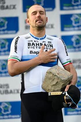 ROUBAIX, FRANCE - OCTOBER 03 : COLBRELLI Sonny (ITA) of BAHRAIN VICTORIOUS pictured during the podium ceremony after the UCI World Tour 118th Paris Roubaix cycling race with start in Compiegne and finish at the Velodrome Andre-Petrieux in Roubaix on October 03, 2021 in Roubaix, France, 3 10 2021 ( Motordriver Kenny Verfaillie - Paris Roubaix 2021 UCI World Tour Cycling Race PhotoNews Panoramic 