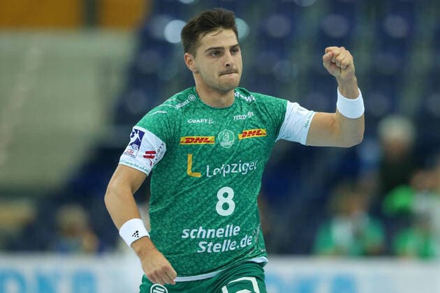 23.09.2021, xtgx, Handball Liqui Moly HBL, SC DHfK Leipzig - HSV Hamburg emspor, v.l. Lucas Krzikalla (Leipzig, 8) Jubel, Torjubel, jubelt ueber das Tor, celebrate the goal, celebration Leipzig