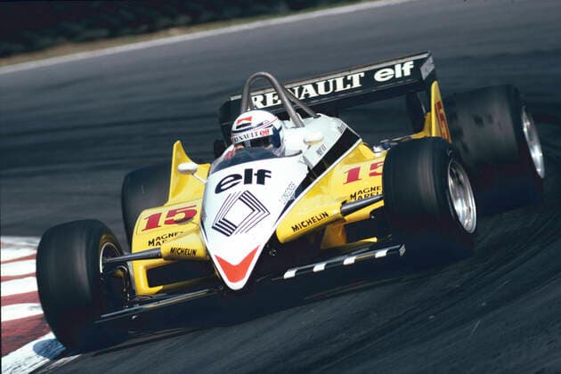 Alain Prost im Renault RE20B mit Renault EF1 1,5V6turbo-Motor im Großen Preis von Belgien 1981 am 17.05. in Zolder-Terlaemen *** Alain Prost in the Renault RE20B with Renault EF1 1,5V6turbo engine in the Grand Prix of Belgium 1981 on 17 05 in Zolder Terlaemen