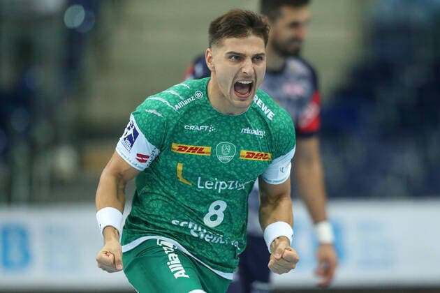 05.10.2021, xtgx, Handball DHB Pokal, SC DHfK Leipzig - Rhein Neckar Loewen emspor, v.l. Lucas Krzikalla (Leipzig, 8) Jubel, Torjubel, jubelt ueber das Tor, celebrate the goal, celebration Leipzig