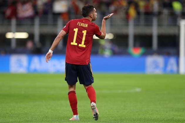 Milan, Italy, 5th October 2021. Ferran Torres of Spain celebrates after scoring to give the side a 1-0 lead during the UEFA Nations League match at Giuseppe Meazza, Milan. Picture credit should read: Jonathan Moscrop Sportimage EDITORIAL USE ONLY. No use with unauthorised audio, video, data, fixture lists, club league logos or live services. Online in-match use limited to 120 images, no video emulation. No use in betting, games or single club league player publications. SPI-1229-0019