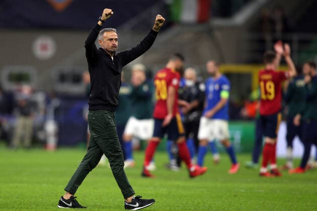 Milan, Italy - 06.10.2021: LUIS ENRIQUE (SPAIN) celebrates victory at end of the Finals Uefa Nations League football match Italy vs Spain at San Siro Stadium in Milan on october 06th 2021.  Copyright: xMarcoxIacobuccix xIPAx xMarcoxIacobuccix 0