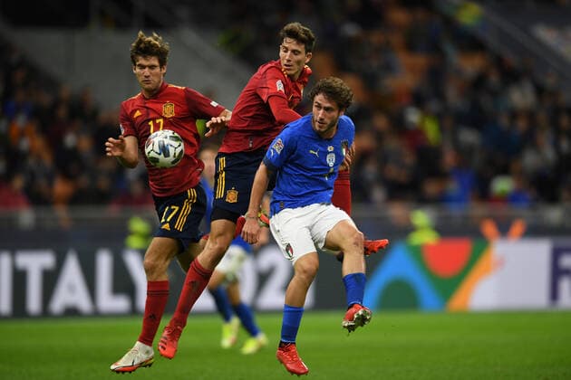 Marcos Alonso (Spain)Davide Calabria (Italy)Pau Torres (Spain) during the Uefa Nations League 2020-2021 match between Italy 1-2 Spain at Giuseppe Meazza Stadium on October 6, 2021 in Milano, Italy. Noxthirdxpartyxsales  (171343294)