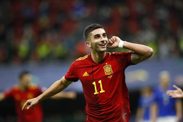 (211007) -- MILAN, Oct. 7, 2021 -- Spain s Ferran Torres celebrates his goal during the UEFA Nations League semifinal between Italy and Spain in Milan, Italy, Oct. 6, 2021. (Str Xinhua) (SP)ITALY-MILAN-FOOTBALL-UEFA NATIONS LEAGUE-ITALY VS SPAIN Stringer 