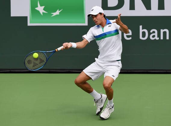 INDIAN WELLS, CA - OCTOBER 07: Daniel Altmaier of Germany returns a shot during a tennis match played on October 7, 2021 at the BNP Paribas Open played at the Indian Wells Tennis Garden in Indian Wells, CA. (Photo by John Cordes Icon Sportswire) TENNIS: OCT 07 BNP Paribas Open Icon506211007019