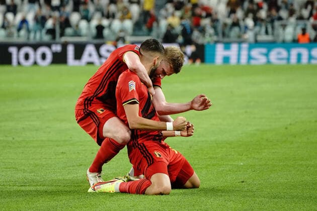Joie - Yannick Carrasco (Belgique) - Kevin De Bruyne (Belgique) FOOTBALL : Belgique vs France - League des Nations - Demi Finale - Turin - 07 10 2021 NorbertScanella Panoramic 