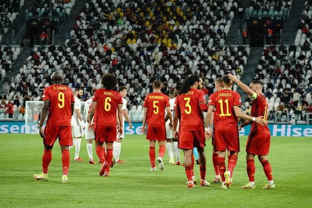 Joie - equipe de Belgique - Romelu Lukaku (Belgique) - Jason Denayer (Belgique) - Yannick Carrasco (Belgique) - Kevin De Bruyne (Belgique) - Timothy Castagne (Belgique) FOOTBALL : Belgique vs France - League des Nations - Demi Finale - Turin - 07 10 2021 NorbertScanella Panoramic 