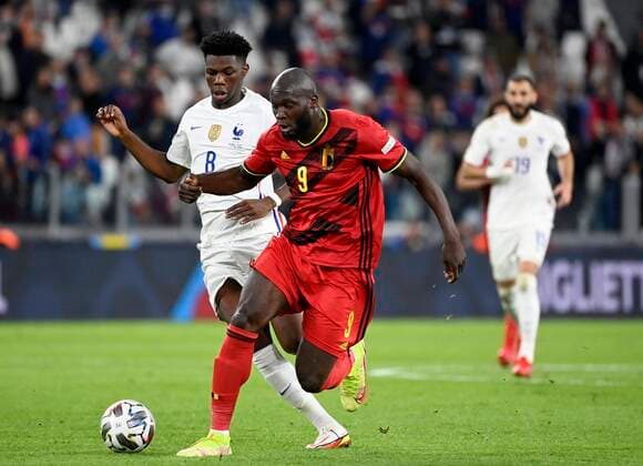 Torino, Italy - October 07 : Aurelien Tchouameni midfielder of France & Romelu Lukaku forward of Belgium during the UEFA Nations League Finals 2021 Semi-Final match between Belgium and France on October 7, 2021 in Torino, Italy, 7 10 2021 ( Belgium v France UEFA Nations League Semi-Final PhotoNews Panoramic 