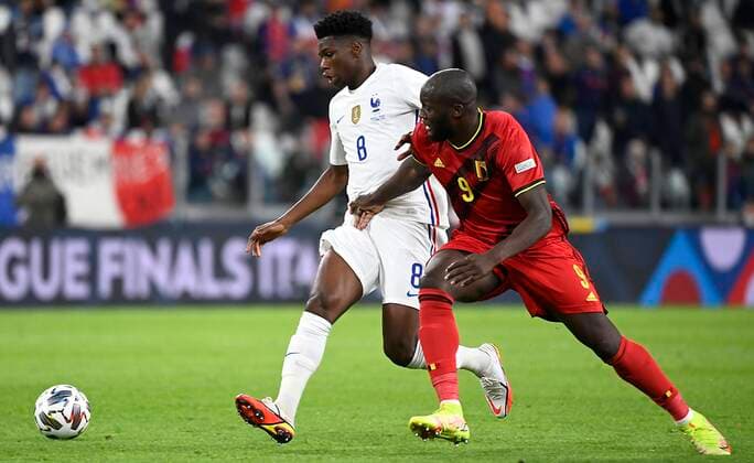 Torino, Italy - October 07 : Aurelien Tchouameni midfielder of France & Romelu Lukaku forward of Belgium during the UEFA Nations League Finals 2021 Semi-Final match between Belgium and France on October 7, 2021 in Torino, Italy, 7 10 2021 ( Belgium v France UEFA Nations League Semi-Final PhotoNews Panoramic 