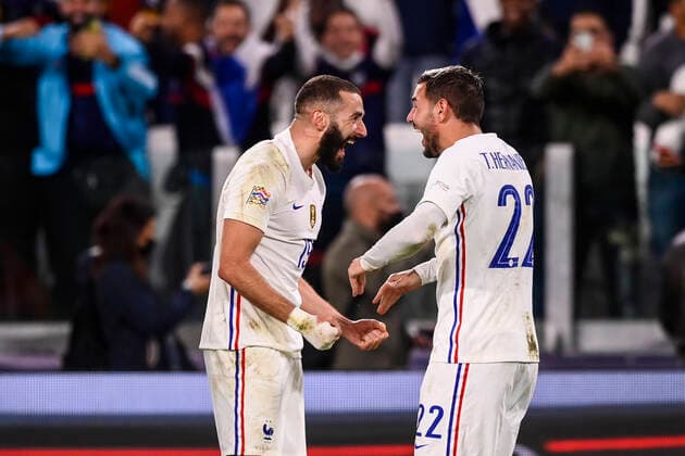 Photo LaPresse - Fabio Ferrari October, 07 2021 Turin, Italy soccer Belgium vs France - Semi-final Nations League - Juventus stadium of Torino In the pic:Theo Hernandez (France)celebrates after goal 2-3 Karim Benzema (France)  Copyright: xFabioxFerrari LaPressex
