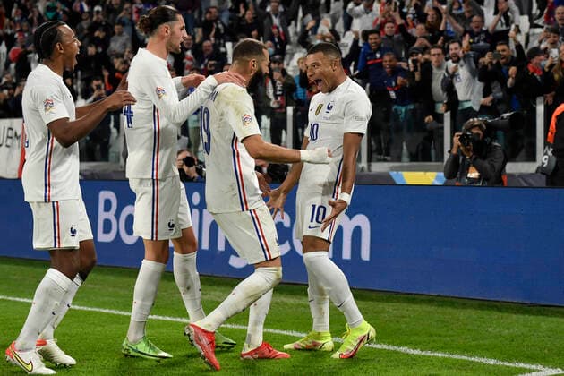 Kylian Mbappe of France celebrates after scoring on penalty the goal of 2-2 during the Uefa Nations League semi-final football match between Belgium and France at Juventus stadium in Torino (Italy), October 7th, 2021. Photo Andrea Staccioli Insidefoto andreaxstaccioli