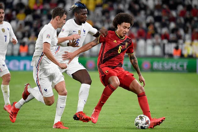 Raphael Varane of France, Paul Pogba of France and Axel Witsel of Belgium during the Uefa Nations League semi-final football match between Belgium and France at Juventus stadium in Torino (Italy), October 7th, 2021. Photo Andrea Staccioli Insidefoto andreaxstaccioli