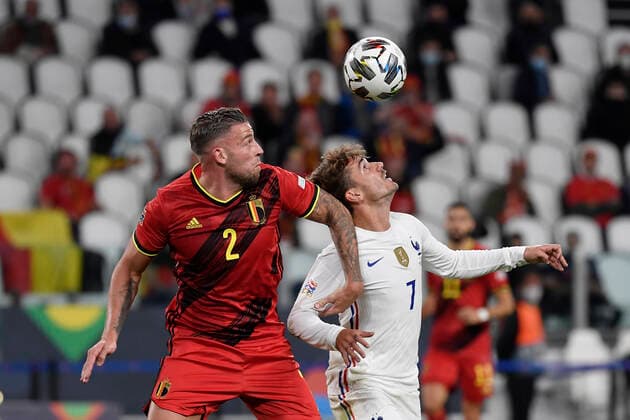 Toby Alderweireld of Belgium and Antoine Griezmann of France during the Uefa Nations League semi-final football match between Belgium and France at Juventus stadium in Torino (Italy), October 7th, 2021. Photo Andrea Staccioli Insidefoto andreaxstaccioli