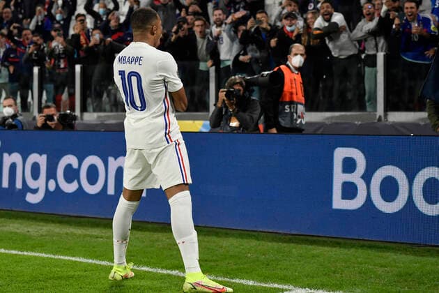 Kylian Mbappe of France celebrates after scoring on penalty the goal of 2-2 during the Uefa Nations League semi-final football match between Belgium and France at Juventus stadium in Torino (Italy), October 7th, 2021. Photo Andrea Staccioli Insidefoto andreaxstaccioli