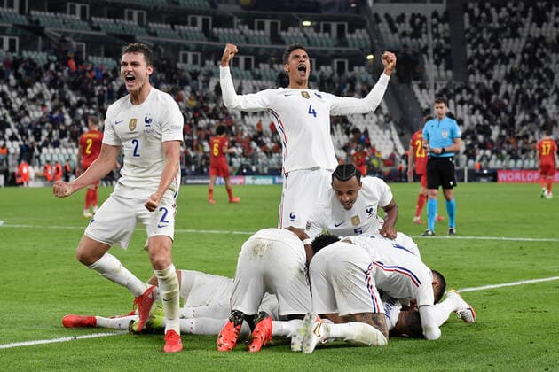 Raphael Varane of France and France players celebrate the victory at the end of the Uefa Nations League semi-final football match between Belgium and France at Juventus stadium in Torino (Italy), October 7th, 2021. Photo Andrea Staccioli Insidefoto andreaxstaccioli