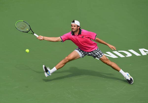 INDIAN WELLS, CA - OCTOBER 07: Tommy Paul of the United States chases after the ball during a tennis match played on October 7, 2021 at the BNP Paribas Open played at the Indian Wells Tennis Garden in Indian Wells, CA. (Photo by John Cordes Icon Sportswire) TENNIS: OCT 07 BNP Paribas Open Icon506211007032