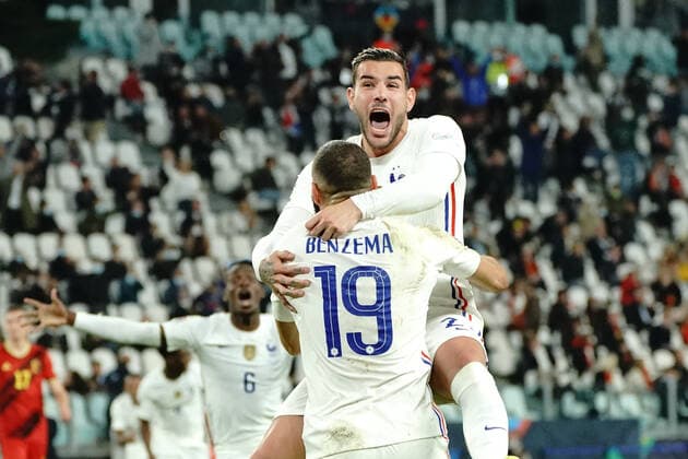 Theo Hernandez (France) - Karim Benzema (France) FOOTBALL : Belgique vs France - League des Nations - Demi Finale - Turin - 07 10 2021 NorbertScanella Panoramic 