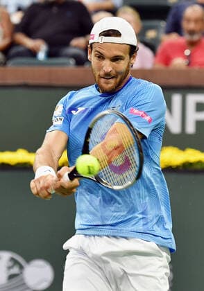 INDIAN WELLS, CA - OCTOBER 07: Joao Sousa of Portugal returns a shot during a tennis match played on October 7, 2021 at the BNP Paribas Open played at the Indian Wells Tennis Garden in Indian Wells, CA. (Photo by John Cordes Icon Sportswire) TENNIS: OCT 07 BNP Paribas Open Icon506211007829