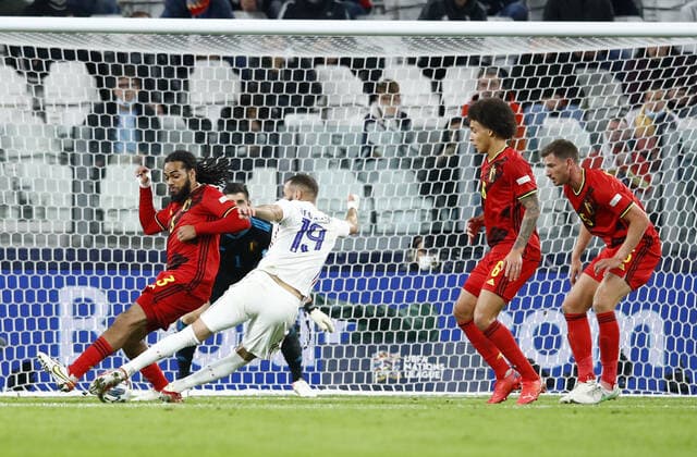 (211008) -- TURIN, Oct. 8, 2021 -- France s Karim Benzema (2nd L) scores his goal during the UEFA Nations League semifinal between Belgium and France in Turin, Italy, Oct. 7, 2021. ( Xinhua) (SP)ITALY-TURIN-UEFA NATIONS LEAGUE-FRANCE VS BELGIUM Str 