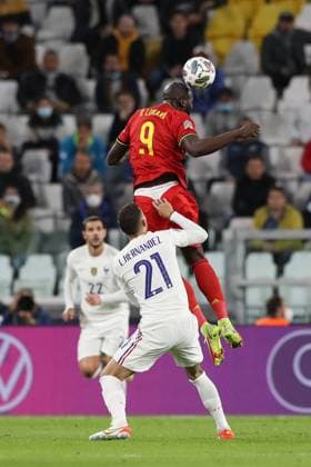 Turin, Italy, 7th October 2021. Theo Hernandez of France looks on as his brother Lucas Hernandez tugs on the shorts of Romelu Lukaku of Belgium as he leaps for an aerial ball during the UEFA Nations League match at Juventus Stadium, Turin. Picture credit should read: Jonathan Moscrop Sportimage EDITORIAL USE ONLY. No use with unauthorised audio, video, data, fixture lists, club league logos or live services. Online in-match use limited to 120 images, no video emulation. No use in betting, games or single club league player publications. SPI-1228-0103