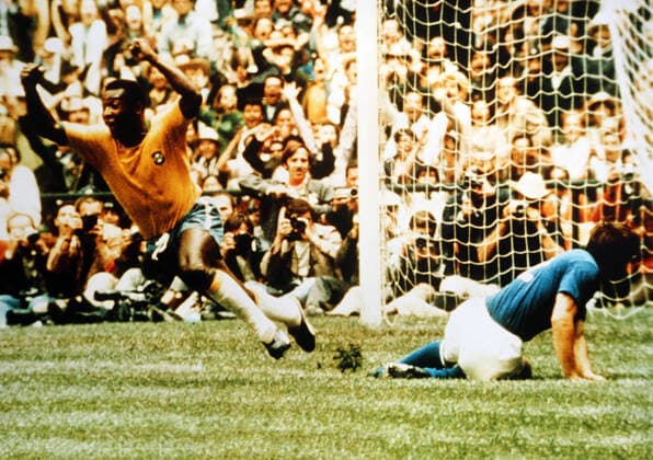 Pelé celebrates scoring for Brazil against Italy in the 1970 FIFA World Cup, WM, Weltmeisterschaft, Fussball final. , Pele, Tarcisio Burgnich Estadio Azteca, Mexico City, Mexico, Ref:VM FWC70 008 Pele celebrates.jpg, FIFA World Cup, final, Brazil, Italy, Pele, Tarcisio Burgnich, goal, celebration, fans, Estadio Azteca, Mexico City, Mexico, football, soccer, 1970 Copyright: xVarleyxMediaxx