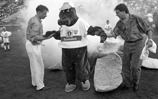 22.08.92 VfB Stuttgart - 1. FC Nürnberg Deutschland, Stuttgart, 22.08.1992, Fussball, Bundesliga, Saison 1992 1993, VfB Stuttgart - 1. FC Nürnberg (3:0): Fritzle (Maskottchen VfB Stuttgart) schlüpft aus dem Ei. *** 22 08 92 VfB Stuttgart 1 FC Nürnberg Germany, Stuttgart, 22 08 1992, football, Bundesliga, season 1992 1993, VfB Stuttgart 1 FC Nürnberg 3 0 Fritzle mascot VfB Stuttgart hatches from egg